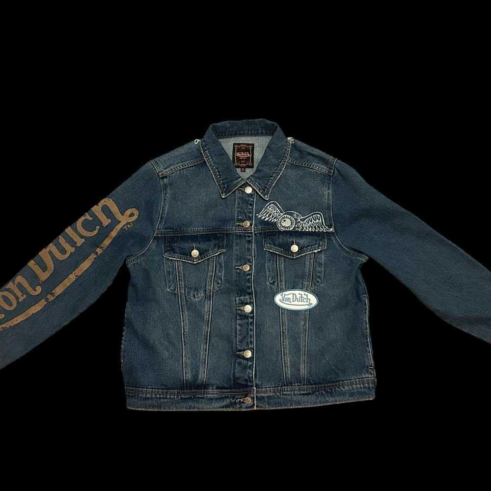 Von Dutch Blue Denim Jean Jacket with Wing & Logo Patches - Picture 2 of 7